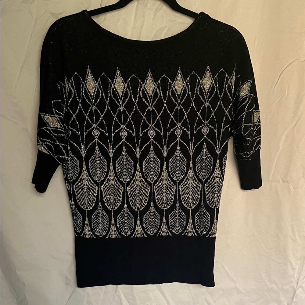 White House Black Market Black, Silver and  Gold Leaf Pattern Sweater